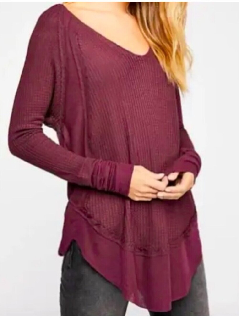 WE THE FREE burgundy waffle knit thermal top sz S